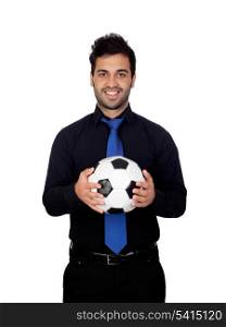 Stylish soccer player with a ball isolated on white background