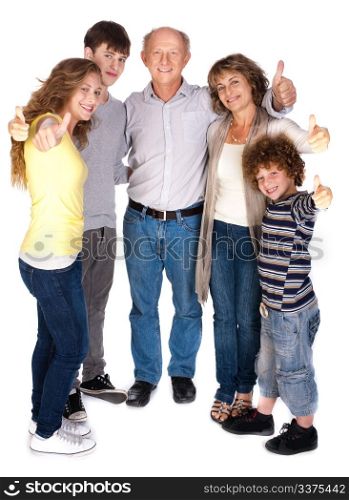 Stylish thumbs-up family over the white background.