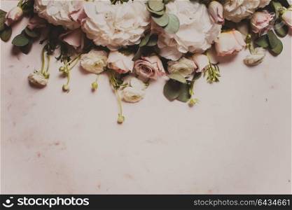 Stylish wedding fragily flowers border. Holiday design with copy space. White flowers border