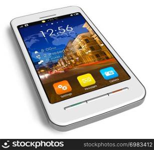 Stylish white touchscreen smartphone isolated on white background