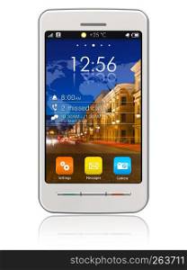 Stylish white touchscreen smartphone isolated on white reflective background