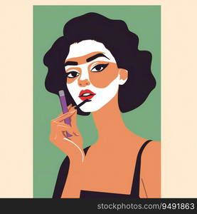 Stylish Woman Applying Makeup lined minimal illustration