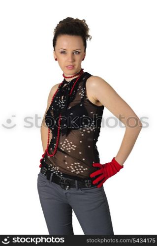 Stylish woman in red beads and gloves isolated on white