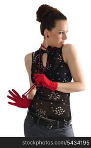 Stylish woman in red beads and gloves isolated on white