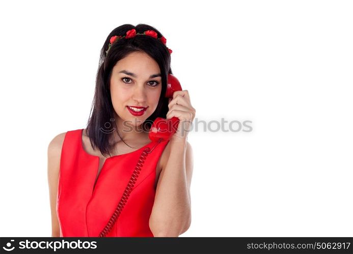 Stylish woman in red calling isolated on a white background