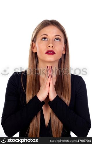 Stylish woman praying isolated on a white background