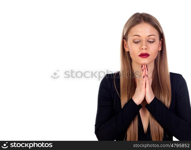 Stylish woman praying isolated on a white background