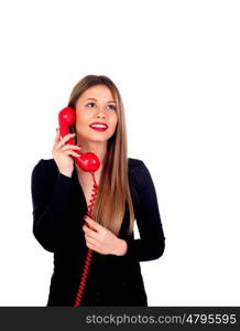 Stylish woman with a red phone isolated on a white background