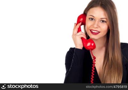 Stylish woman with a red phone isolated on a white background