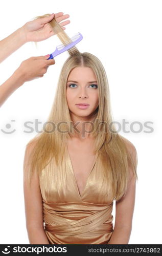 Stylist updo young blonde woman. Isolated on white background