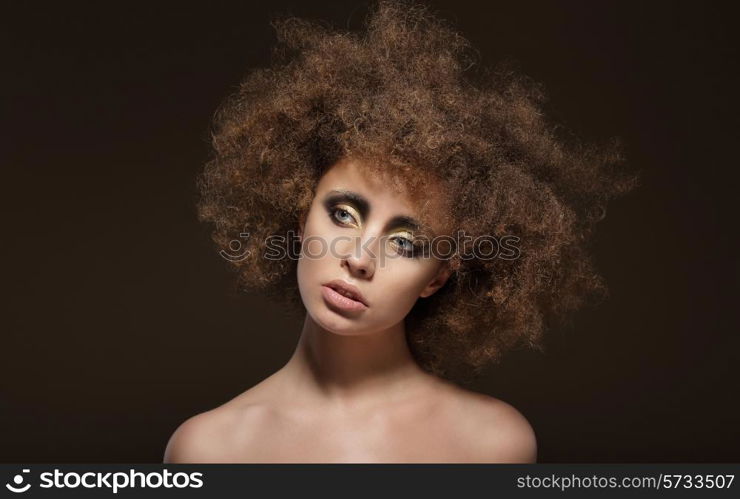 Stylization. Young Brunette with Curly Brown Hairs