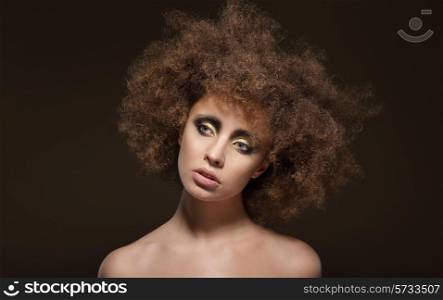 Stylization. Young Brunette with Curly Brown Hairs