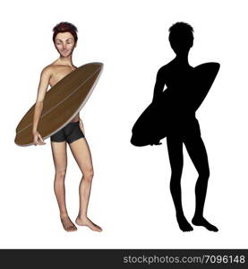 Stylized 3d rendered man with surfboard and black silhouette.