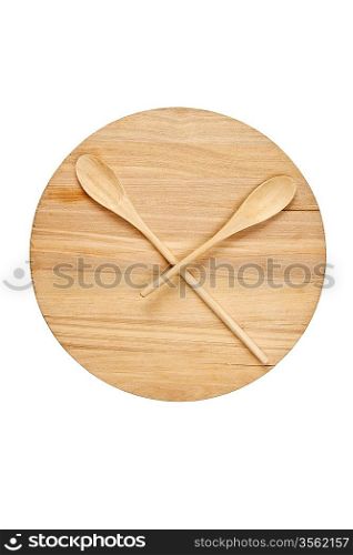 stylized clock - cutting board and wooden spoons isolated on a white background