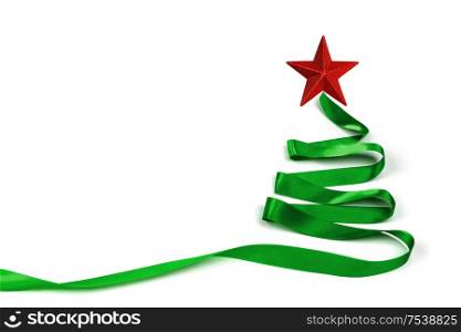 Stylized green ribbon Christmas tree with red star isolated on white background. Stylized ribbon Christmas tree