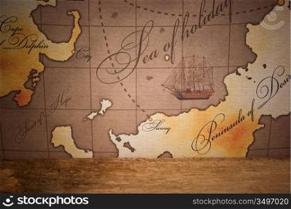 stylized map of the old and wooden shelf