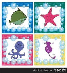 Stylized ocean life icons, cute vector drawings