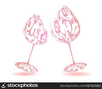 Stylized pair of wine glasses with floral pattern