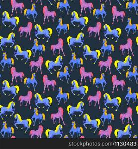 Stylized pink and blue horses in a seamless pattern. Watercolor pattern on a dark background. For the design of fabrics, home decor, bedding, t-shirts, notebooks.
