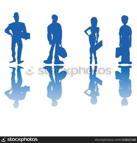 Stylized silhouettes of four business people, cartoon sketch