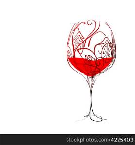Stylized wineglass with wine and floral pattern