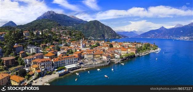 Stynning idyllic lake scenery, amazing Lago di Como. Aerial view of beautiful Menaggio town. Italy, Lombardia