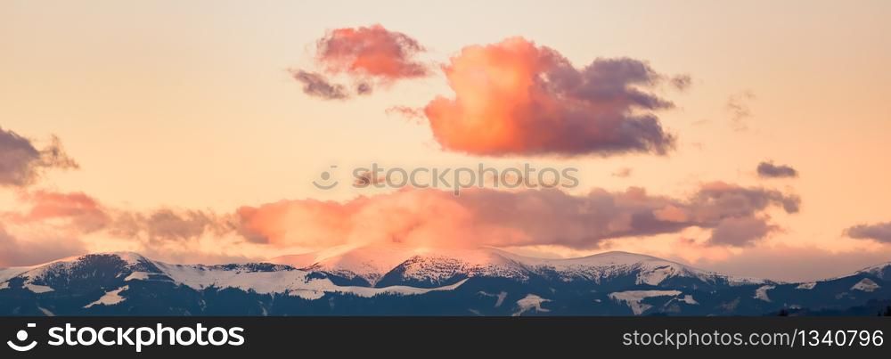 Styrian alps covered with snow landscape. View at mountain chain near Graz city. Panorama sunset.. Styrian alps covered with snow landscape. View at mountain chain near Graz city.