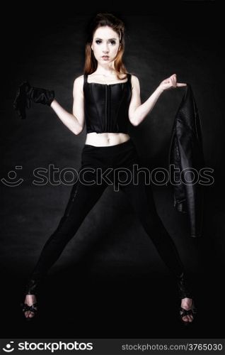 Subculture - full length beauty punk girl with leather jacket black background