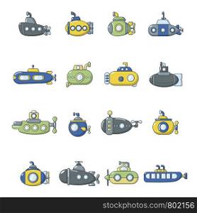 Submarine icons set. Cartoon illustration of 16 submarine vector icons for web. Submarine icons set, cartoon style