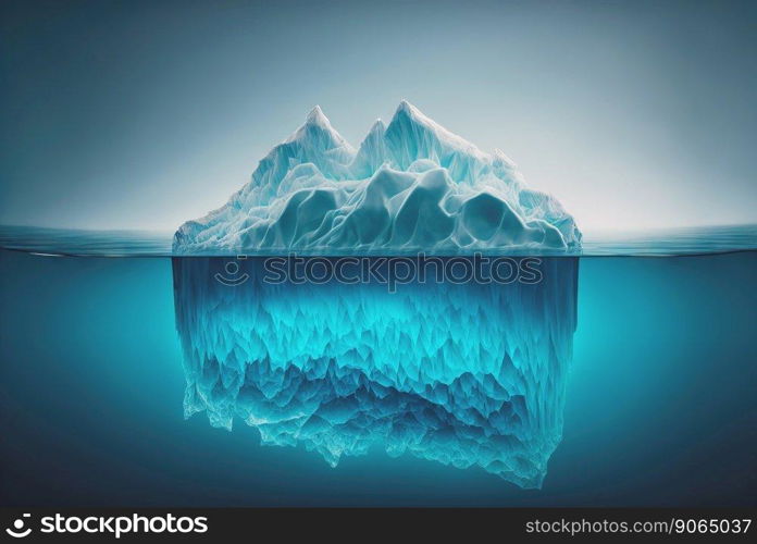 Submerged iceberg in a ocean. Splitwater image of white ice huge lump in water. Antarctic landscape. Generative AI.. Submerged iceberg in a ocean. Splitwater image of white ice huge lump in water. Antarctic landscape. Generative AI