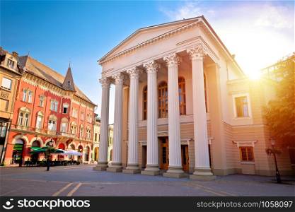 Subotica central square and peoples theater building sunset view, Vojvodina region of Serbia