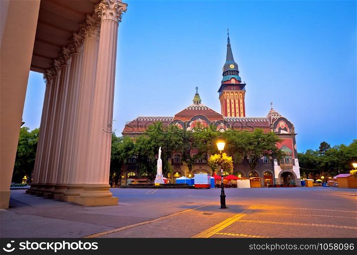 Subotica city hall and main square evening view, Vojvodina region of Serbia