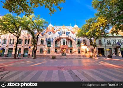 Subotica colorful street architecture view, Reichl palace in Vojvodina region of Serbia