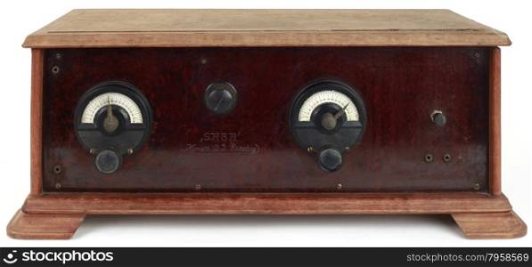 Subotica, Serbia, Yugoslavia - 1928: Konrath d.d. Presents SABA Radio. Broadcast Receiver, or past WW2 Tuner with 4 Tubes in Wooden case, and which requires external speakers. Built with SABA Low Loss Couplers, plug in coils for wave band change. Closely followed SABA construction proposal, as outlined in catalog Prohaska 1928, p.242.