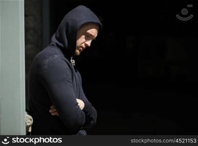 substance abuse, addiction, people and social problem concept - close up of addict man on street