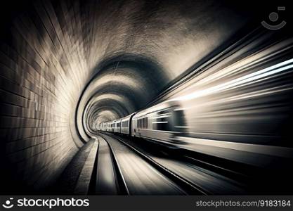 subterranean train tunnel, with passing of subway car and blur of motion, created with generative ai. subterranean train tunnel, with passing of subway car and blur of motion