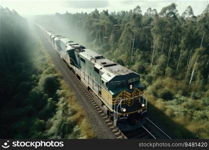 Suburban train travels through beautiful countryside. Generative AI