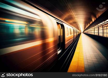subway tunnel, with view of subway cars passing by in blur, during rush hour, created with generative ai. subway tunnel, with view of subway cars passing by in blur, during rush hour