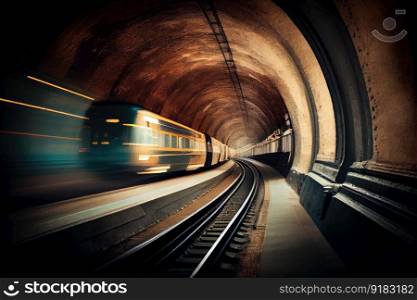 subway tunnel, with view of the train speeding through the dark tunnels, created with generative ai. subway tunnel, with view of the train speeding through the dark tunnels