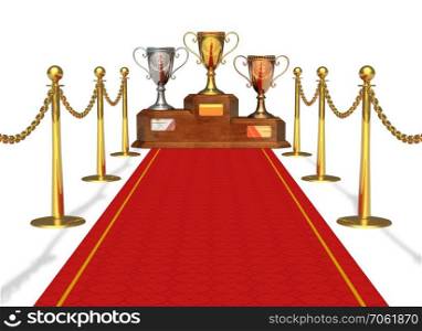 Success and achievement concept: trophy cups on pedestal and red carpet isolated on white background