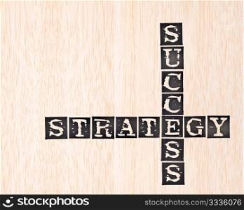 Success and strategy word stamped on wooden background. words collection series.