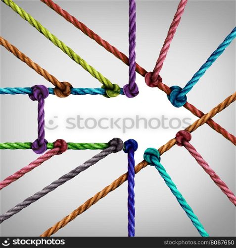 Success arrow connection and central network achievement as a business concept with a group of diverse ropes connected to a center as a metaphor for connectivity growth and succeeding in linking to a centralized support structure.