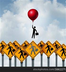Success business and successful businessperson metaphoric corporate concept as a group of signs with businesspeople and an individual person breaking free with the support of a balloon with 3D illustration elements.