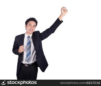success businessman keeping arms raised isolated on white background