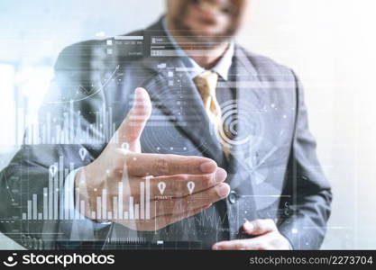 success businessman open his hand,front view,filter effect,business strategy icons interface virtual screen