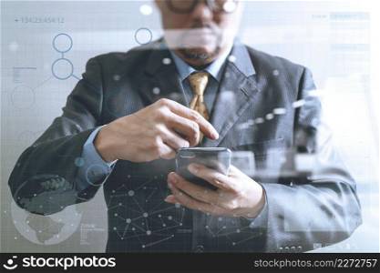 success businessman using smart phone,front view,filter effect,business strategy icons interface