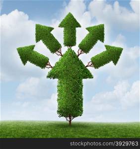 Success expansion business concept as a tree shaped as an upward arrow with plant stems branching out and growing smaller arrows as a metaphor for increased profits potential and healthy future.