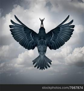 Success freedom business concept as a man riding an open wing bird flying upward as a symbol for reaching career goals or leadership vision.