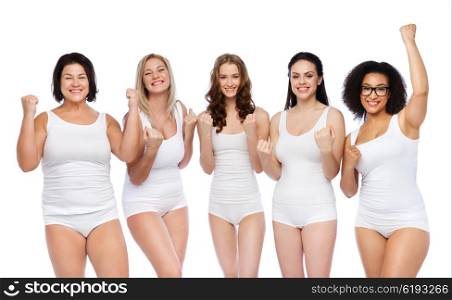 success, friendship, beauty, body positive and people concept - group of happy plus size women in white underwear celebrating victory
