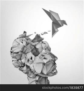 Success from failure through trial and error resulting in a successful business idea as crumpled paper garbage with an origami bird taking off as a new startup.